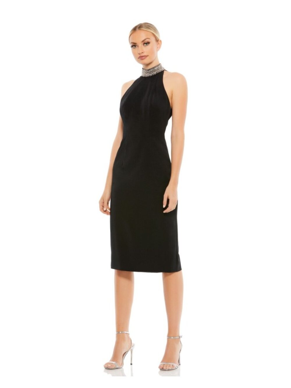 Ieena for Mac Duggal 26682 Black Open Back Jeweled Halter Midi Dress 10 NWT